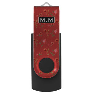 Pretty Red Poppies Pattern Monogram Flash Drive