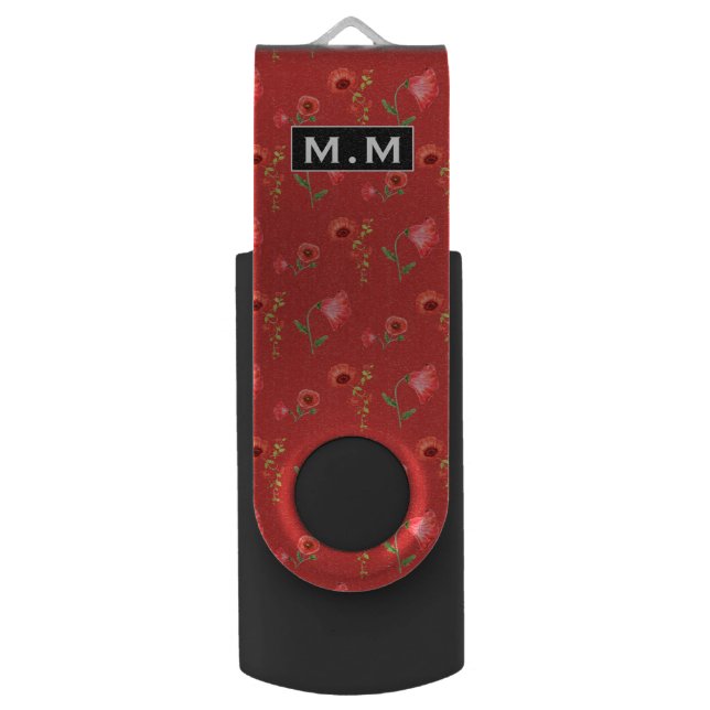 Pretty Red Poppies Pattern Monogram Flash Drive (Front Vertical)
