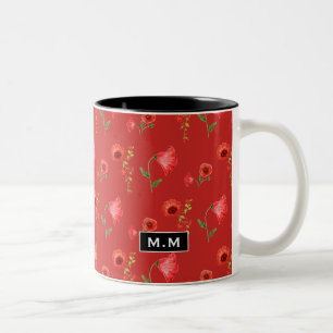 Pretty Red Poppies Pattern Monogram Two-Tone Coffee Mug