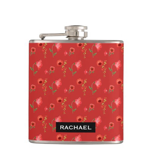 Pretty Red Poppies Pattern Personalised Flask