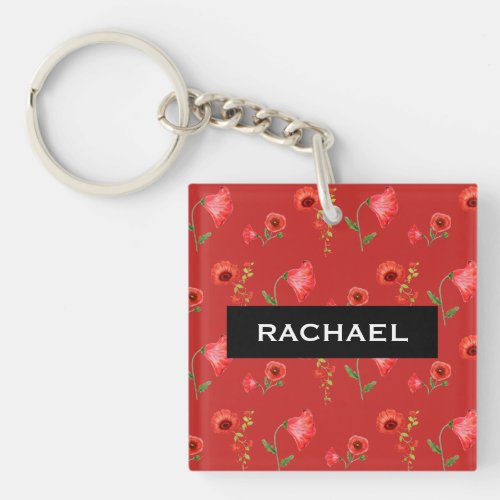 Pretty Red Poppies Pattern Personalised Keychain