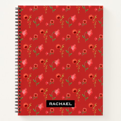 Pretty Red Poppies Pattern Personalised Notebook