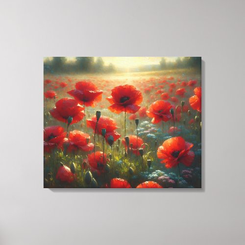Pretty Red Poppy Field on a Summer Day Canvas Print