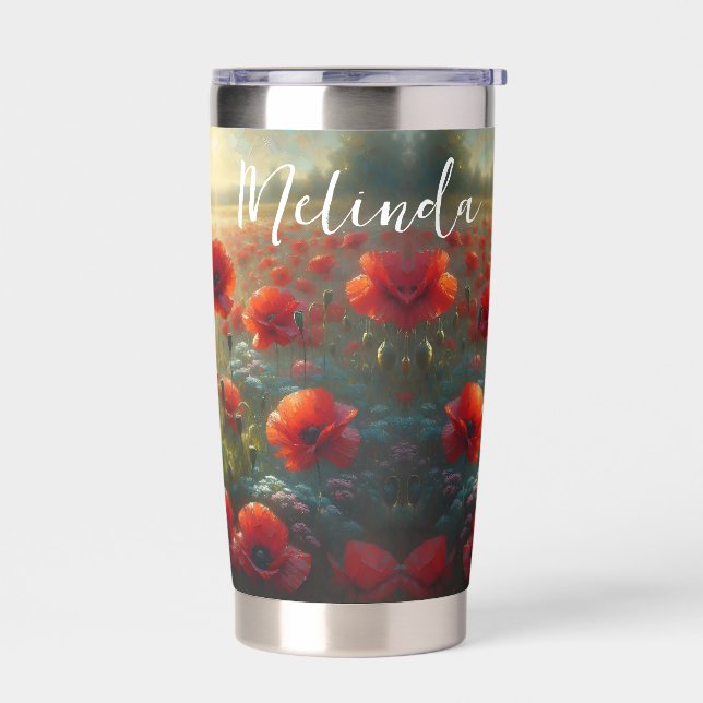 Pretty Red Poppy Field on a Summer Day Insulated Tumbler (Left)