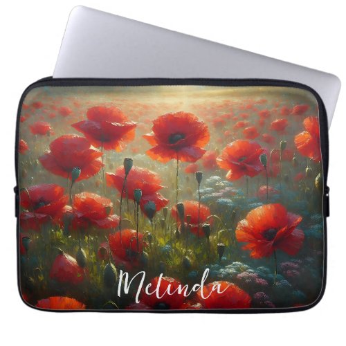 Pretty Red Poppy Field on a Summer Day  Laptop Sleeve