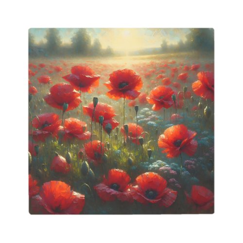 Pretty Red Poppy Field on a Summer Day Metal Print