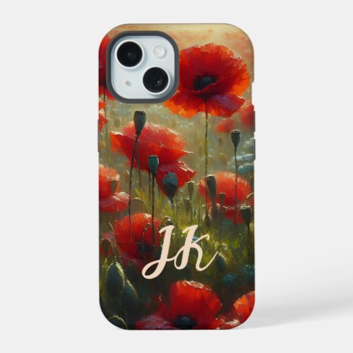 Pretty Red Poppy Field on a Summer Day Monogrammed iPhone 15 Case