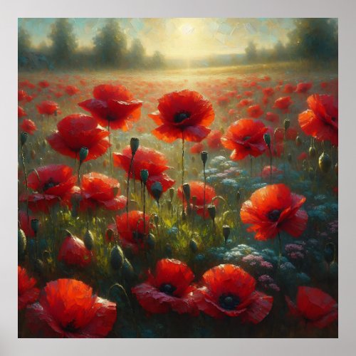 Pretty Red Poppy Field on a Summer Day Poster