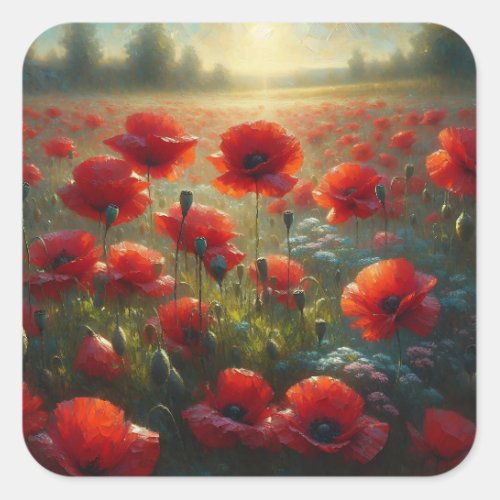 Pretty Red Poppy Field on a Summer Day Square Sticker