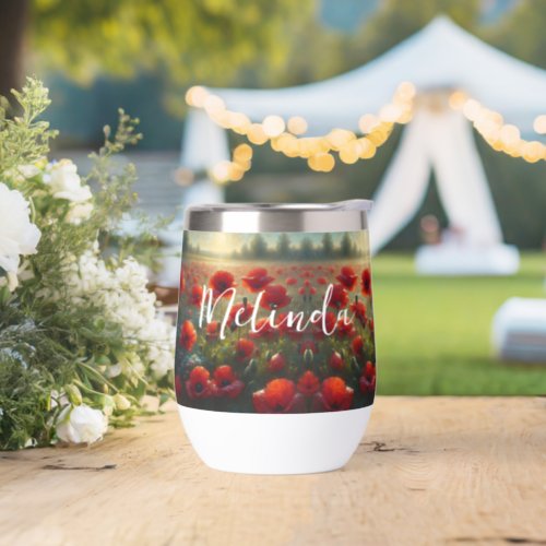 Pretty Red Poppy Field on a Summer Day Thermal Wine Tumbler