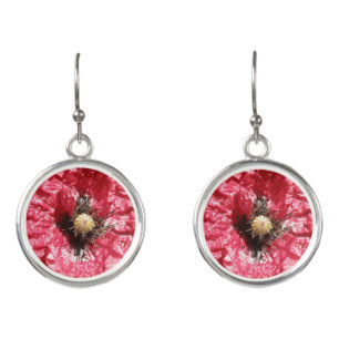 Pretty Red Poppy Flower Macro Drop Earrings