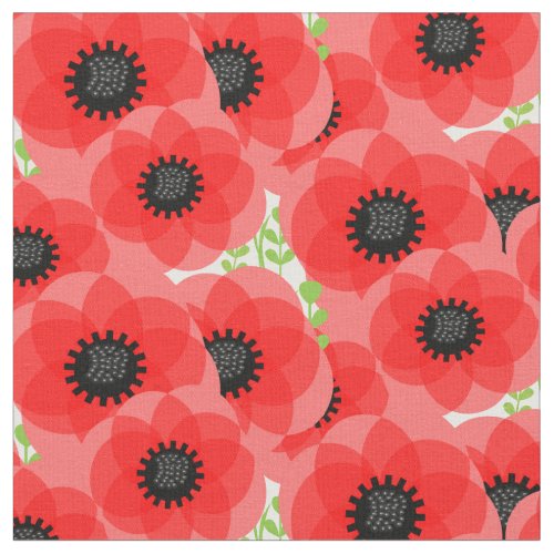 Pretty Red Poppy Summer Floral Print Fabric