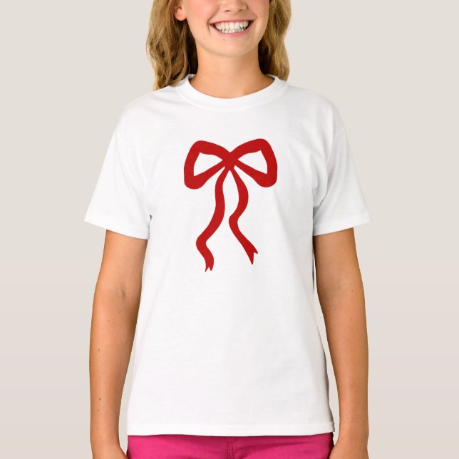 Pretty Red Ribbon Bow Festive Girl T-Shirt (Front)