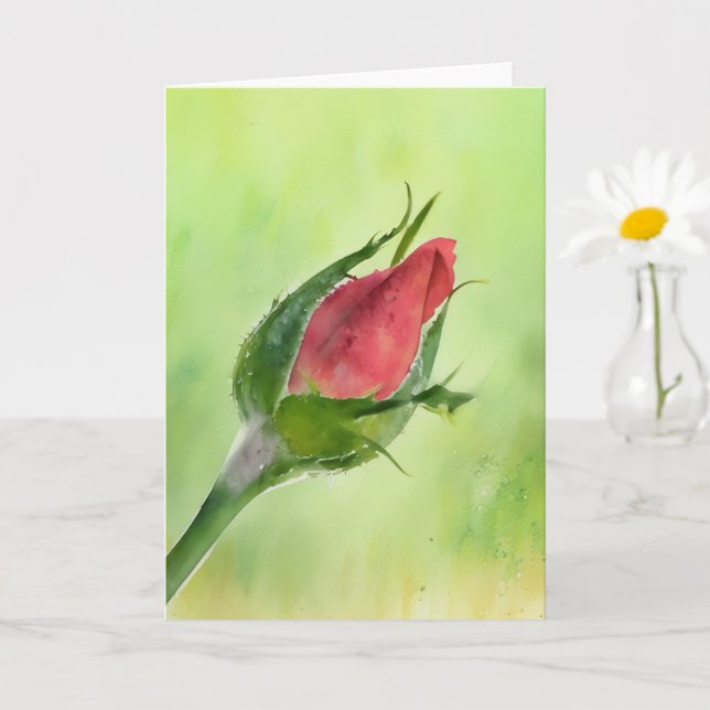 Pretty Red Rose Bud Floral Art Note Card (Small Plant)
