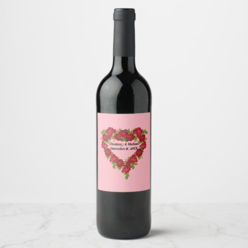 Pretty Red Rose Heart Wreath on Pink Wine Label