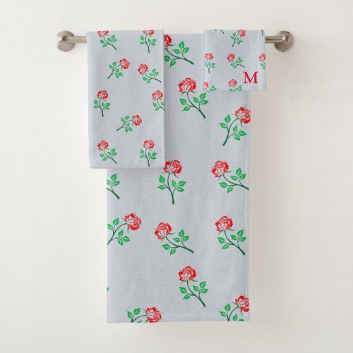 Pretty Red Rose Minimalist Pattern Pastel Blue Bath Towel Set