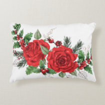Pretty Red Roses Holly Berries Pine needles Accent Pillow