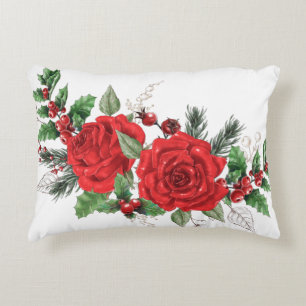 Pretty Red Roses Holly Berries Pine needles Accent Pillow