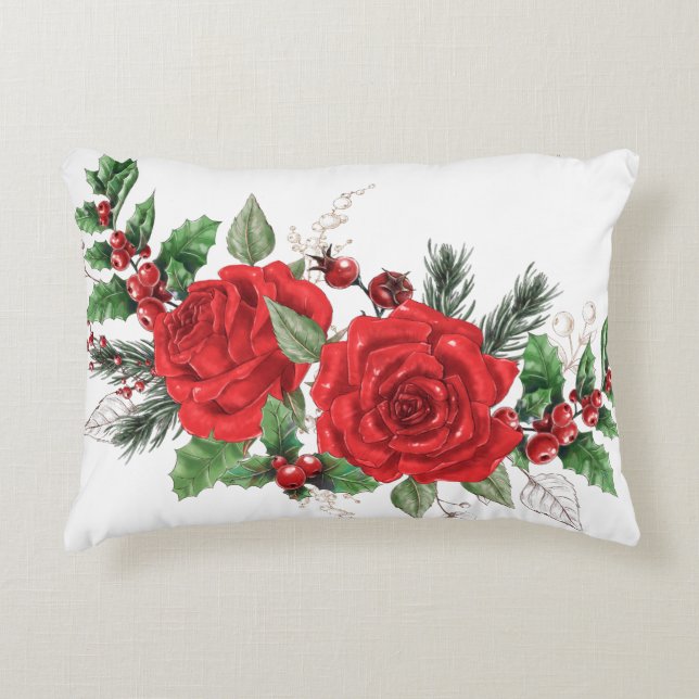Pretty Red Roses Holly Berries Pine needles Accent Pillow (Front)