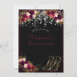 Pretty Red Roses Sparkling Stars High Heels Quinc Invitation