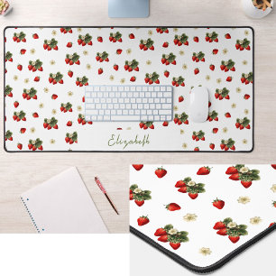Pretty Red Strawberries Custom Name Desk Mat