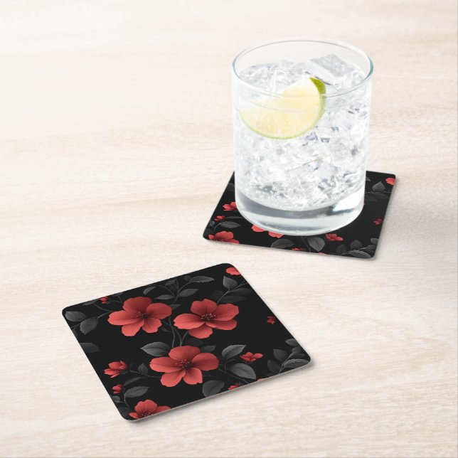 Pretty Red Summer Flowers on Black Square Paper Coaster (Insitu)