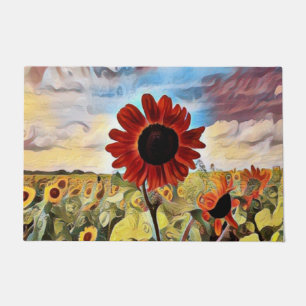 Pretty Red Sunflower in Field Digital Art Doormat