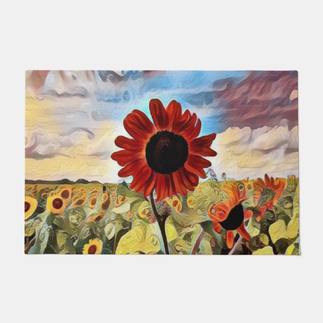 Pretty Red Sunflower in Field Digital Art Doormat (Front)