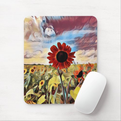 Pretty Red Sunflower in Field Digital Art Mouse Pad