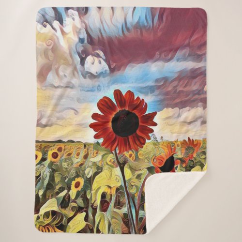 Pretty Red Sunflower in Field Digital Art Sherpa Blanket