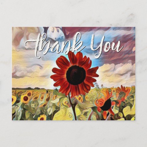 Pretty Red Sunflower in Field Digital Painting Postcard