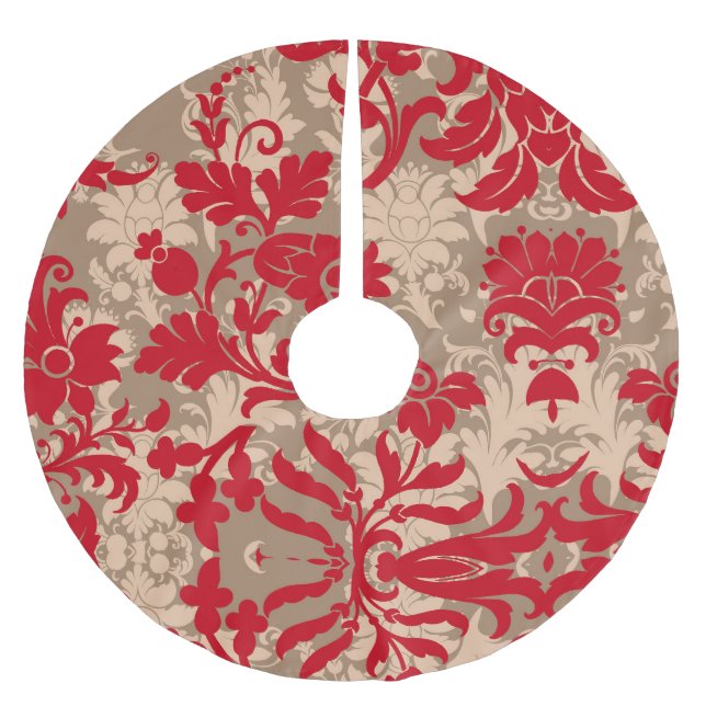 Pretty Red Tan Damask Country Farmhouse Brushed Polyester Tree Skirt (Front)