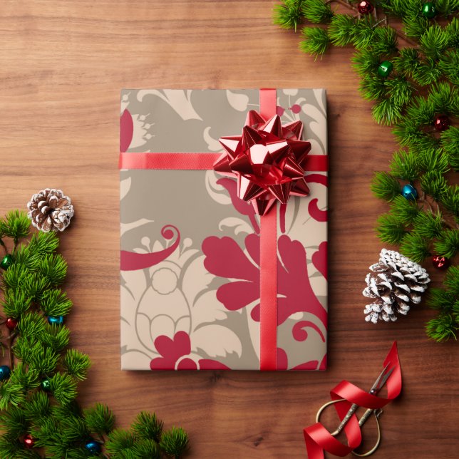 Pretty Red Tan Damask Wrapping Paper (Holiday Gift)