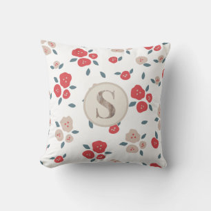 Pretty Red Tan Farmhouse Country Rustic Monogra Throw Pillow