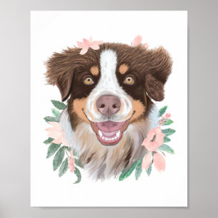 Pretty Red Tri Australian Shepherd Floral Poster