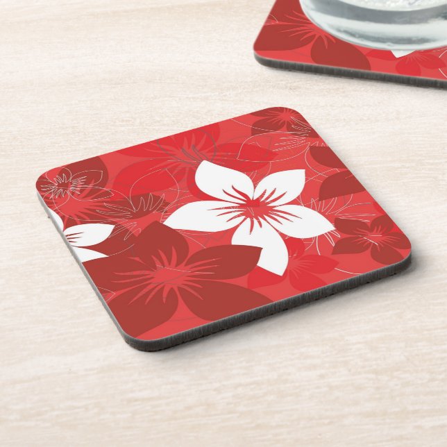 Pretty Red Tropical Flower Pattern Beverage Coaste Beverage Coaster (Left Side)