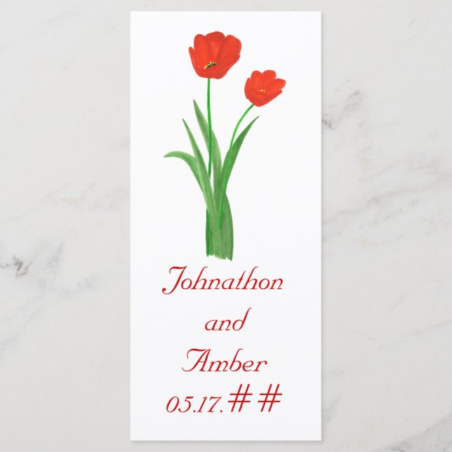 Pretty Red Tulips, custom menu cards for weddings (Front)