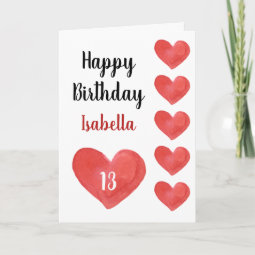 Pretty Red Watercolor Heart 13th Birthday Card | Zazzle