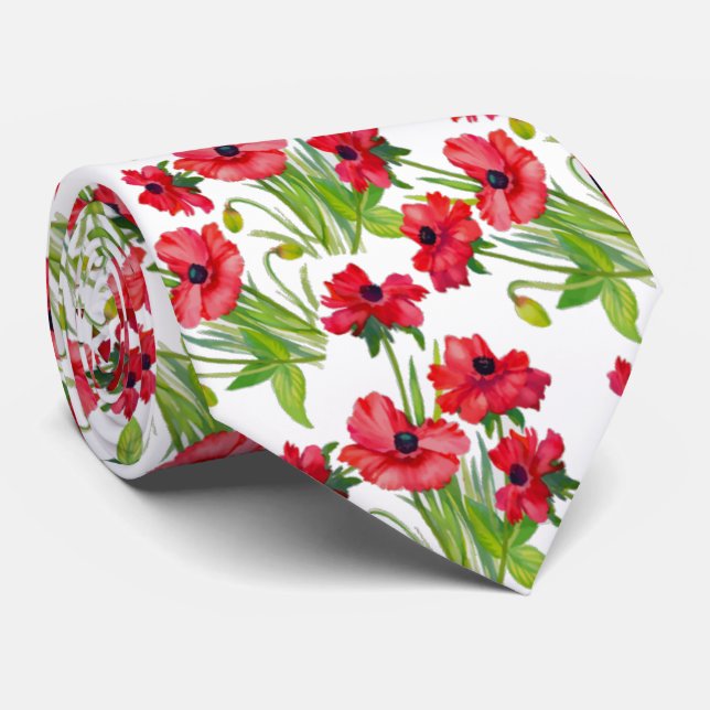 Pretty Red Watercolor Poppies Pattern on White Neck Tie (Rolled)