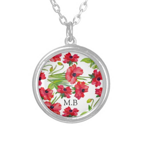 Pretty Red Watercolor Poppies Personalised Silver Plated Necklace