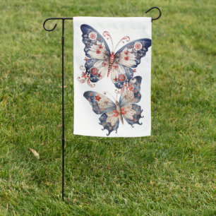 PRETTY RED WHITE BLUE PATRIOTIC BUTTERFLIES FLOWER GARDEN FLAG