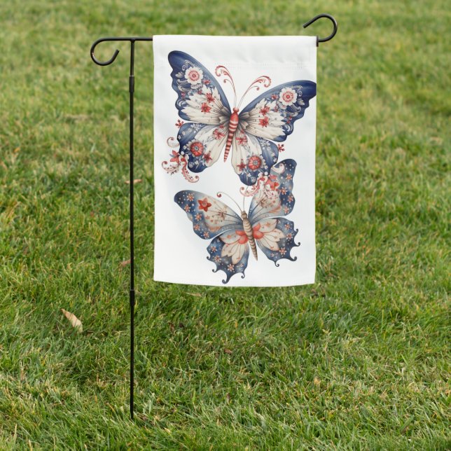 PRETTY RED WHITE BLUE PATRIOTIC BUTTERFLIES FLOWER GARDEN FLAG (In SItu)