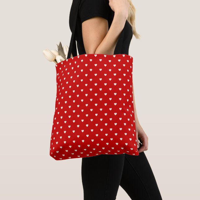 Pretty Red White Heart Polka Dot Valentines Day Tote Bag (Close Up)