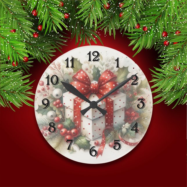 Pretty Red White Polka Dot Coquette Bow and Holly Round Clock (Creator Uploaded)