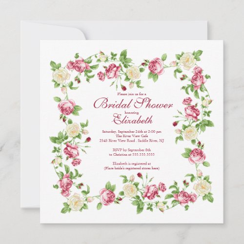 Pretty Red &amp; White Rose Floral Bridal Shower Custom Invite