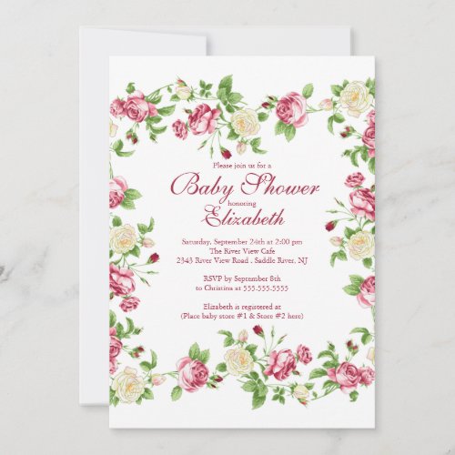 Pretty Red &amp; White Rose Floral Girl Baby Shower Invite