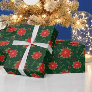Pretty Red Winter Poinsettia on Green Pattern Wrapping Paper