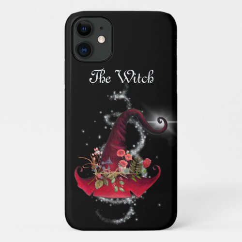 Pretty Red Witches Hat Floral Black  iPhone 11 Case