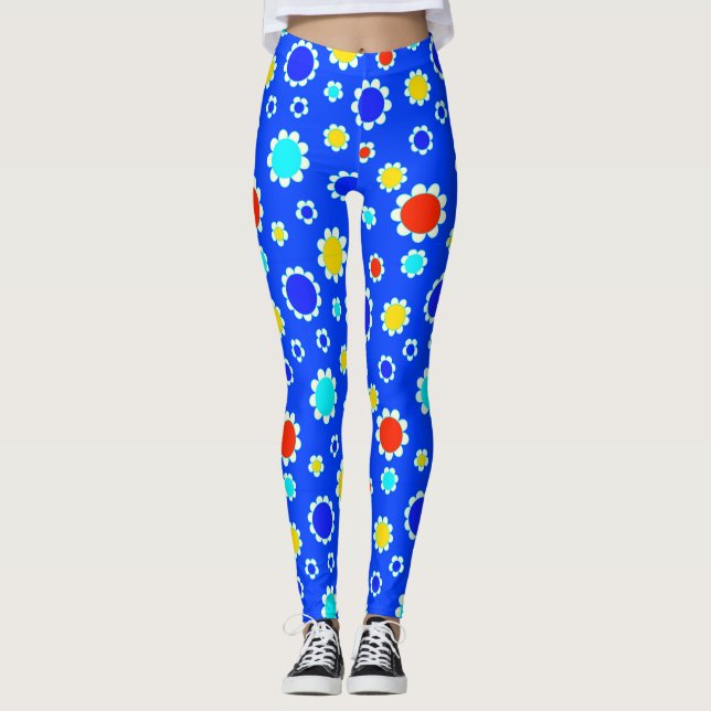 Pretty Red Yellow Blue Flowers Blue Leggings (Front)