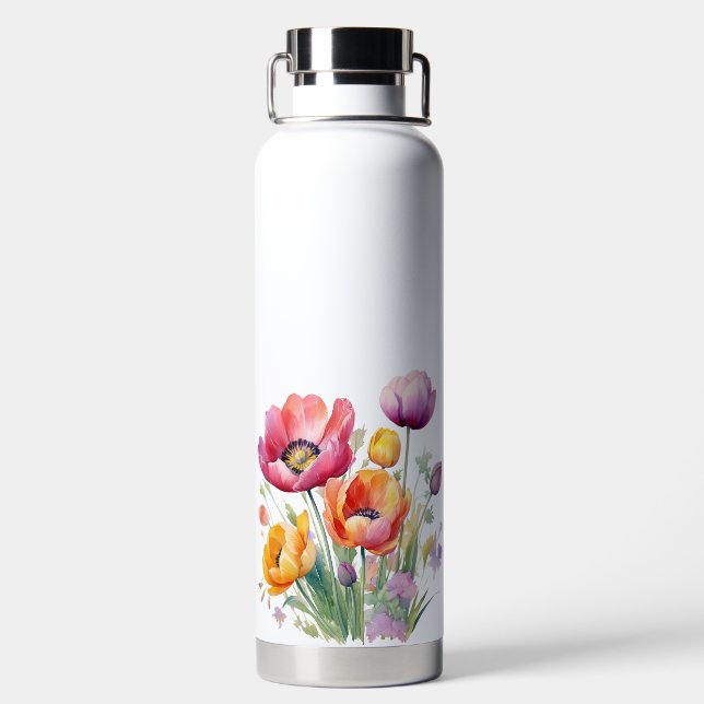 PRETTY RED & YELLOW SPRING ANEMONE POPPIES WATER BOTTLE (Back)